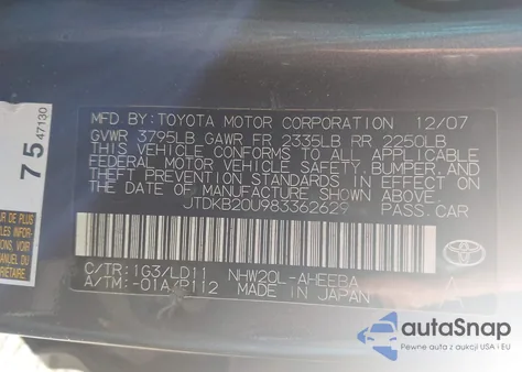 2008 Toyota Prius z USA, uszkodzony, nr VIN JTDKB20U983362629